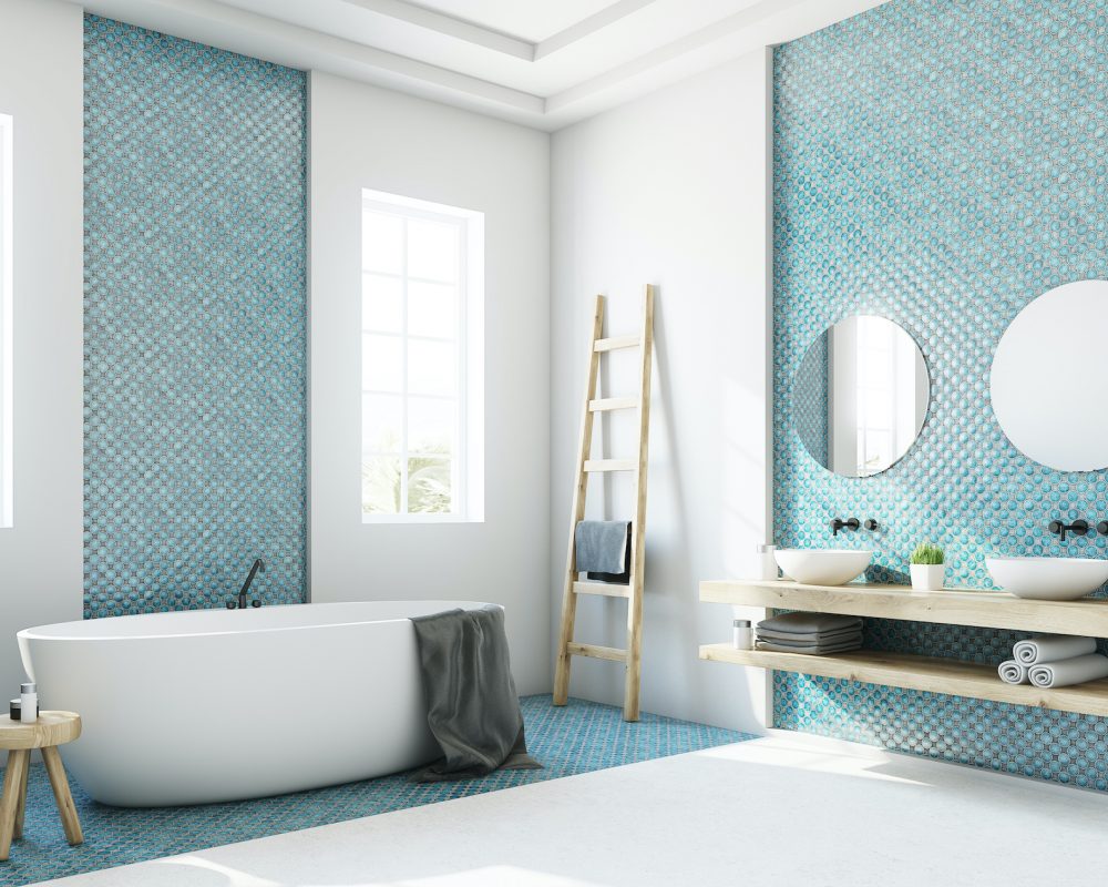 White and blue bathroom interior with a round white tub, two narrow windows, a tree in a pot and a ladder in a corner. Side view. 3d rendering mock up